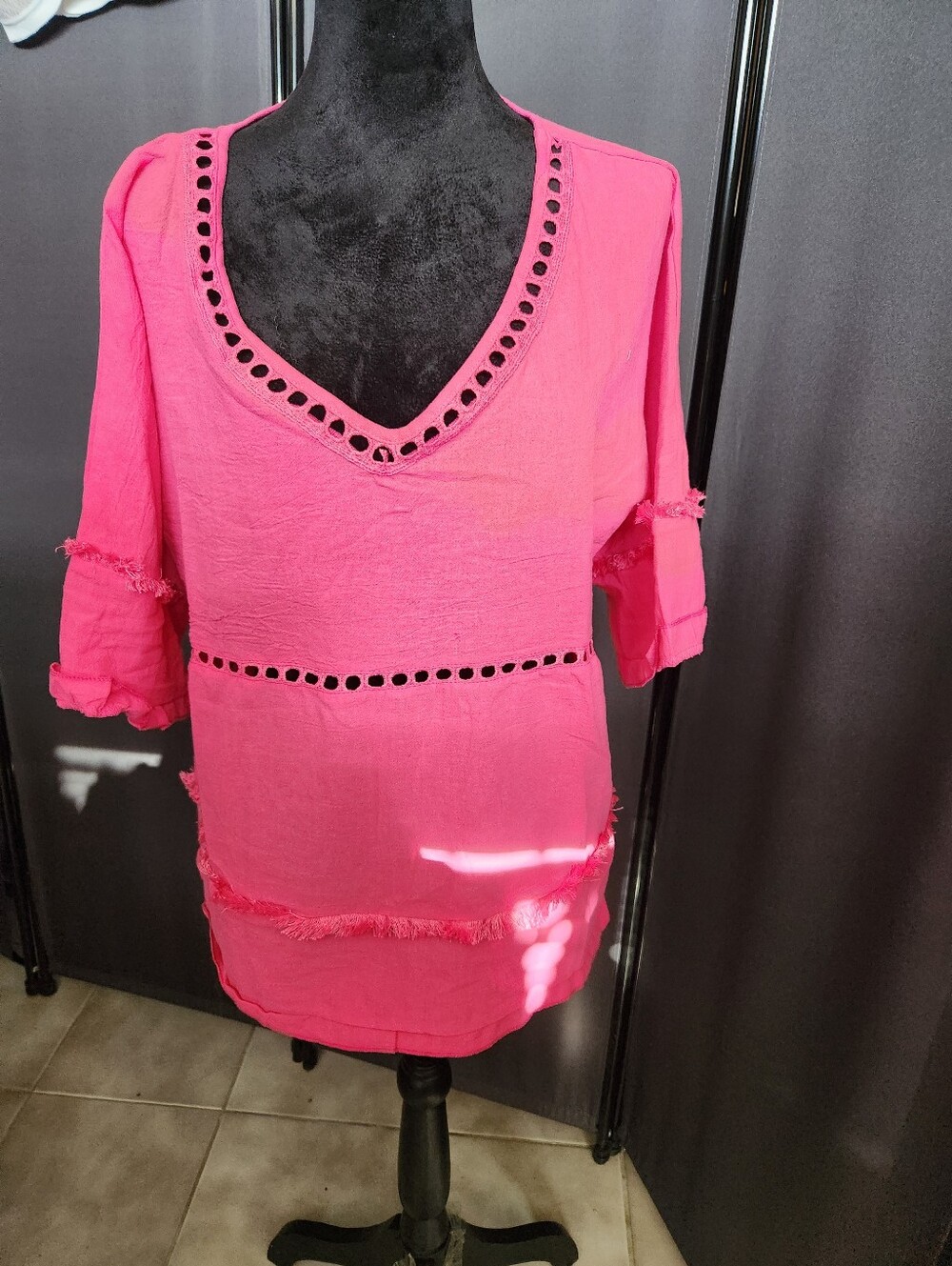 Bright Pink Eyelet V-Neck Tunic